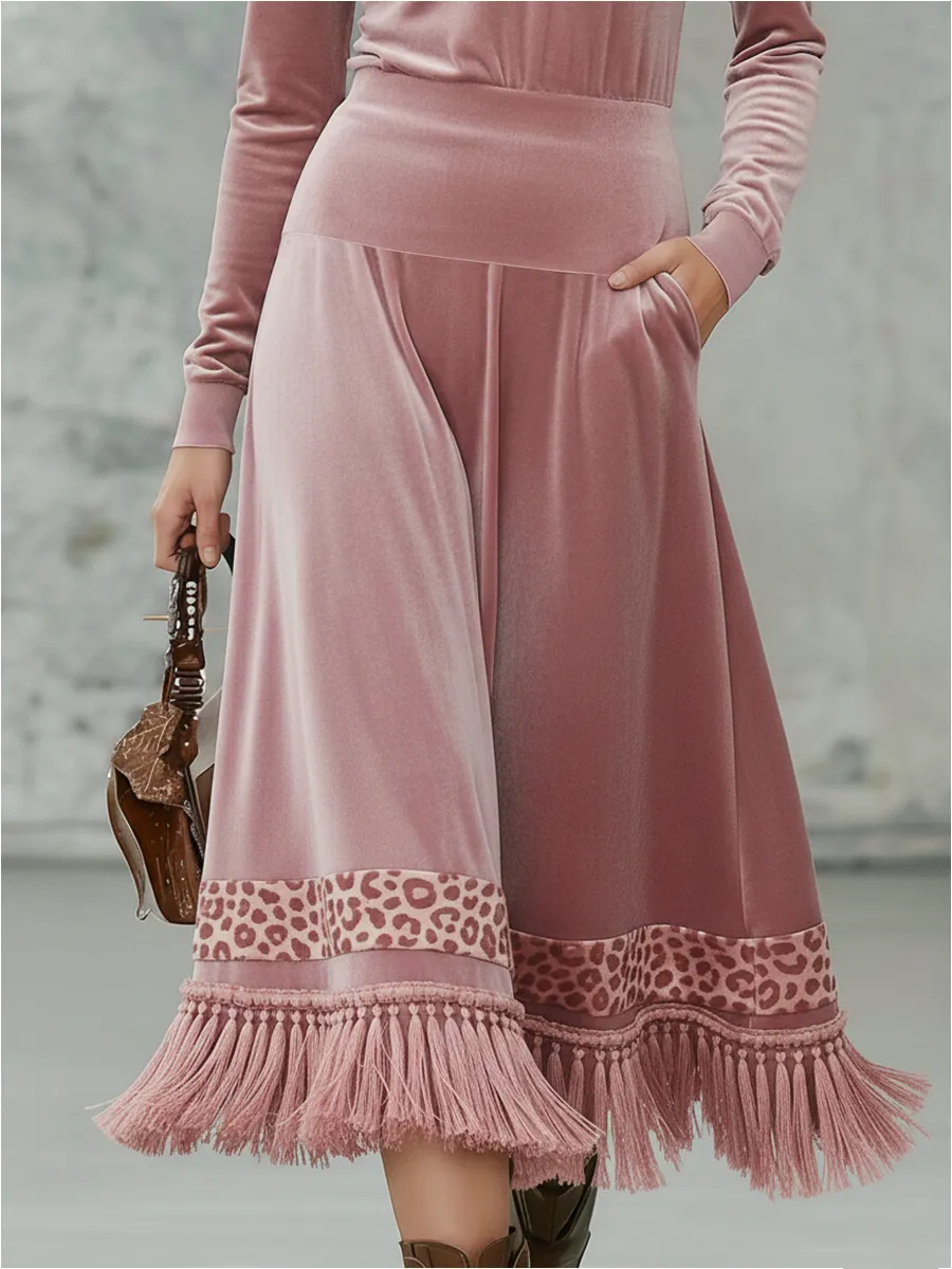 Elegant Retro Leopard Print Lapel Tassel Velvet Midi Dress sold by Oyrosy product image thumbnail 5