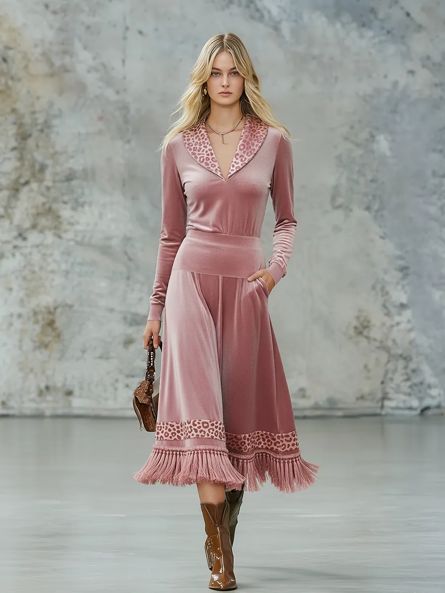 Elegant Retro Leopard Print Lapel Tassel Velvet Midi Dress sold by Oyrosy product image thumbnail 2