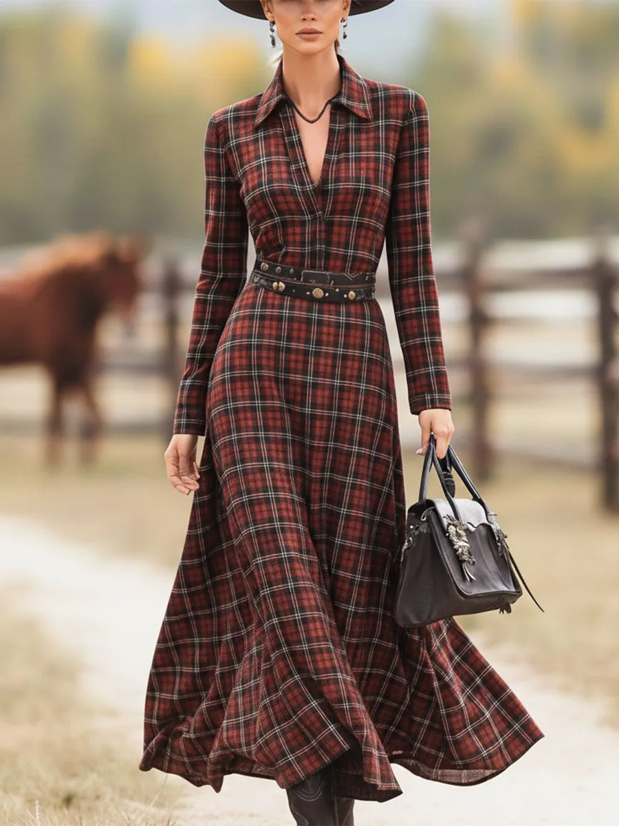 Western Red And Green Plaid Pure Cotton Maxi Dress sold by Oyrosy