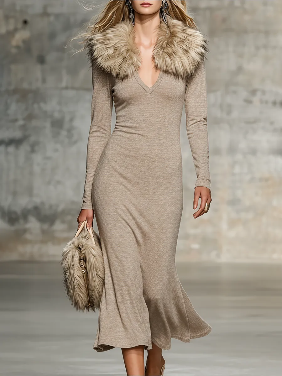 Elegant Detachable Faux Fur Collar Long-Sleeve Midi Dress sold by Oyrosy