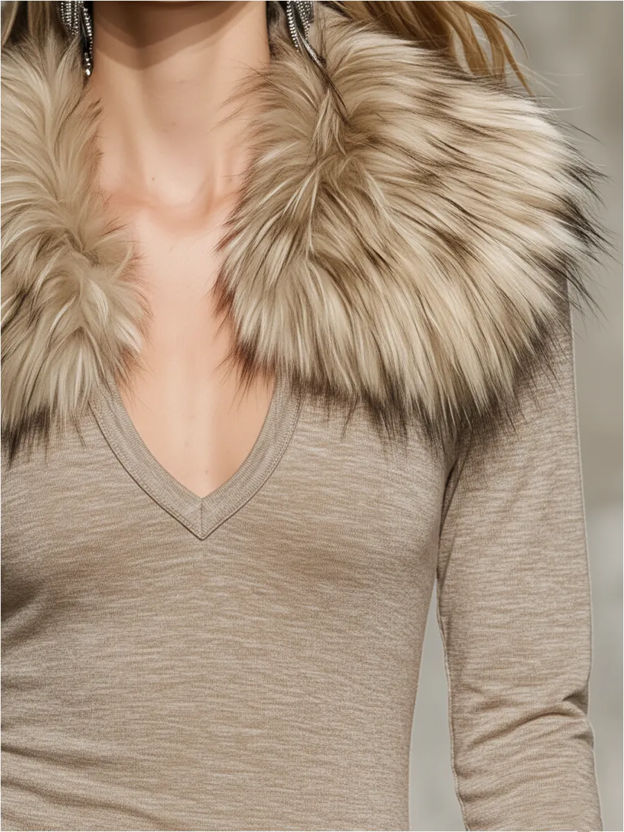 Elegant Detachable Faux Fur Collar Long-Sleeve Midi Dress sold by Oyrosy product image thumbnail 5