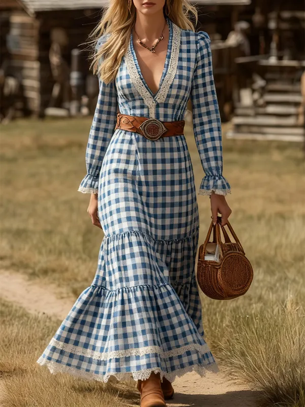 Western Blue And White Plaid Patchwork Lace Maxi Dress sold by Oyrosy