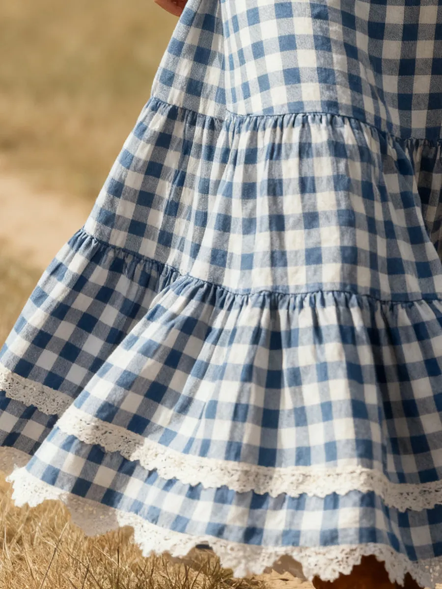 Western Blue And White Plaid Patchwork Lace Maxi Dress sold by Oyrosy product image thumbnail 4