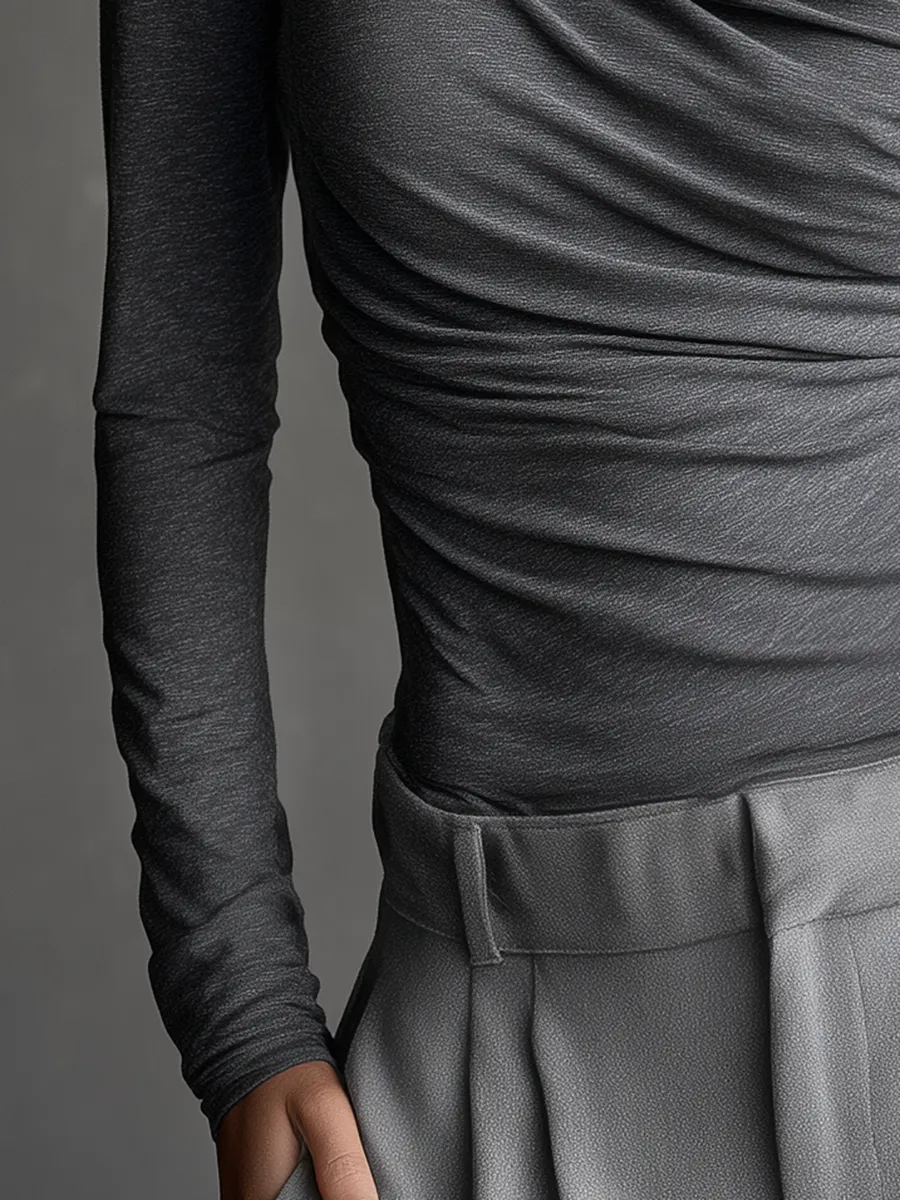 Elegant High-quality One-shoulder Cowl Neck Long-sleeved T-shirt sold by Oyrosy product image thumbnail 4