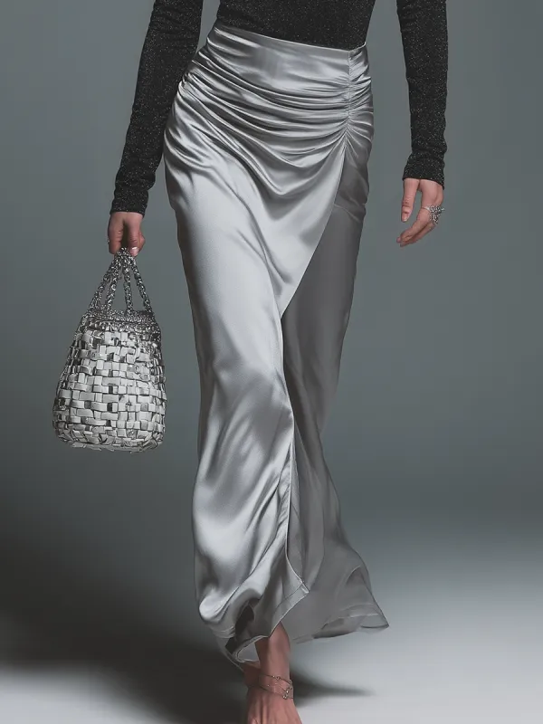 High-quality Elegant Fashion Pleated Satin Maxi Skirt sold by Oyrosy