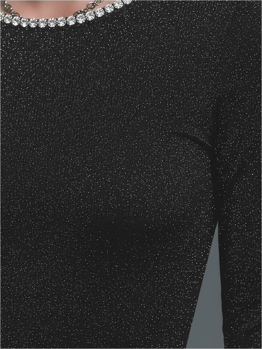 Elegant Rhinestone Trim Crew Neck Long Sleeve T-Shirt sold by Oyrosy product image thumbnail 4