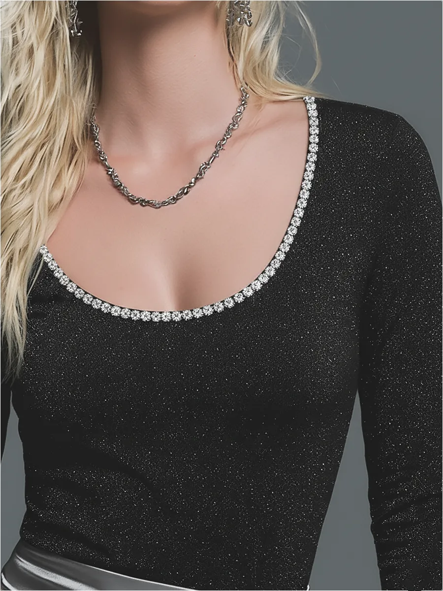 Elegant Rhinestone Trim Crew Neck Long Sleeve T-Shirt sold by Oyrosy product image thumbnail 3