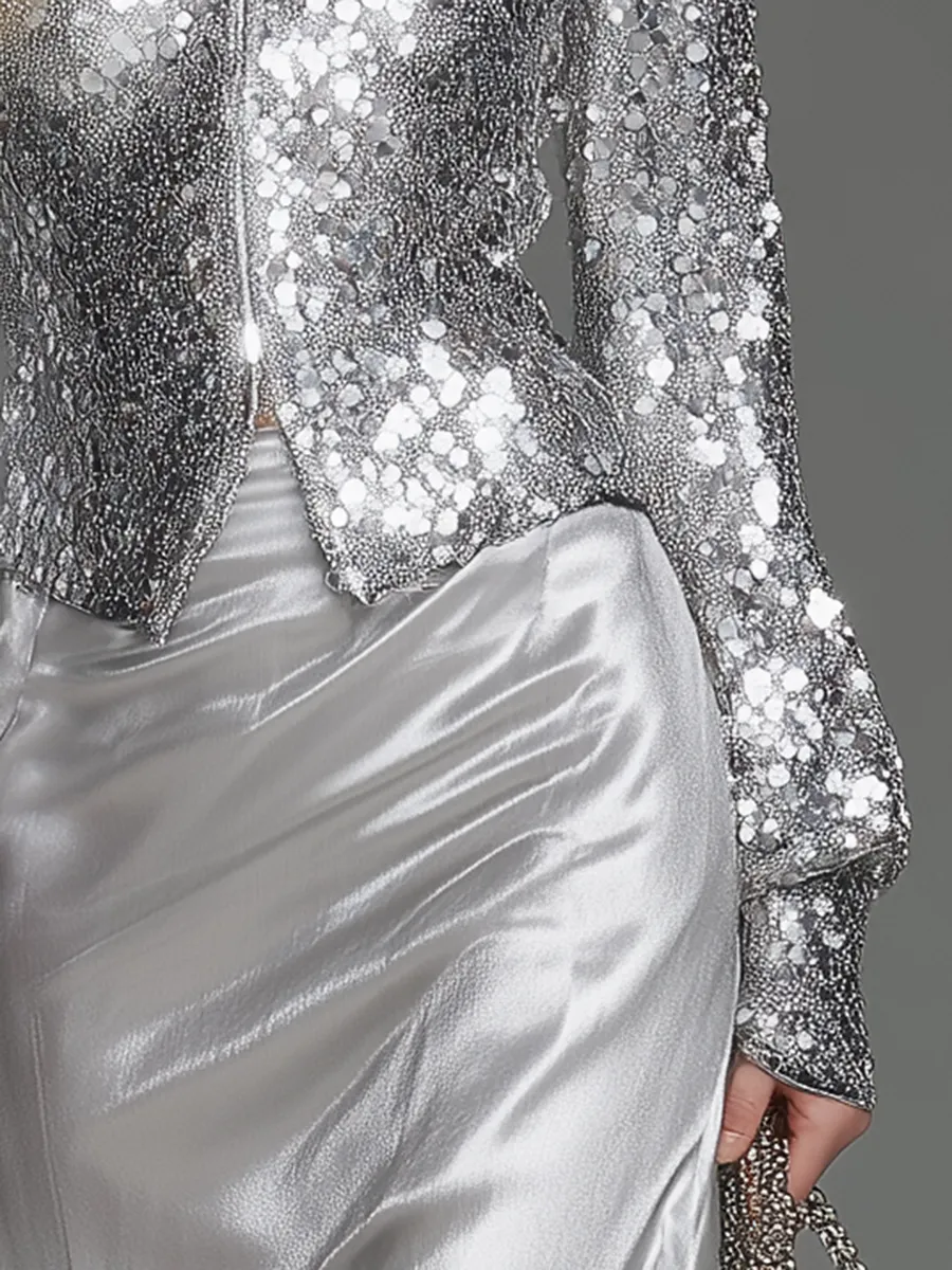 High-quality Elegant Fashion Lapel Zipper Sequin Shirt sold by Oyrosy product image thumbnail 4