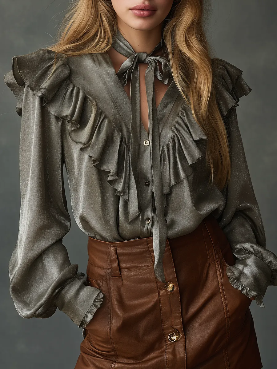 Elegant High-quality Ruffled Satin Shirt sold by Oyrosy