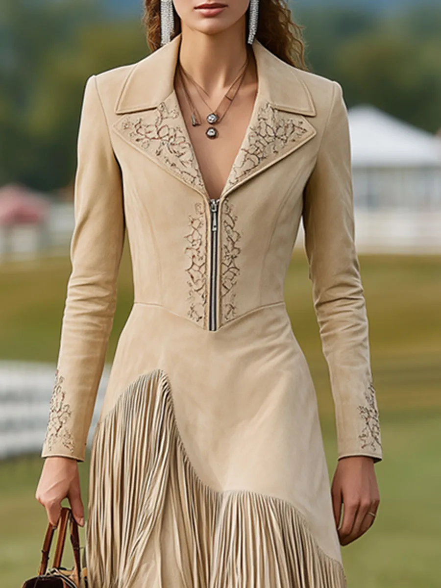 Western Retro Beige Faux Suede Embroidered Tassel Midi Dress sold by Oyrosy product image thumbnail 3