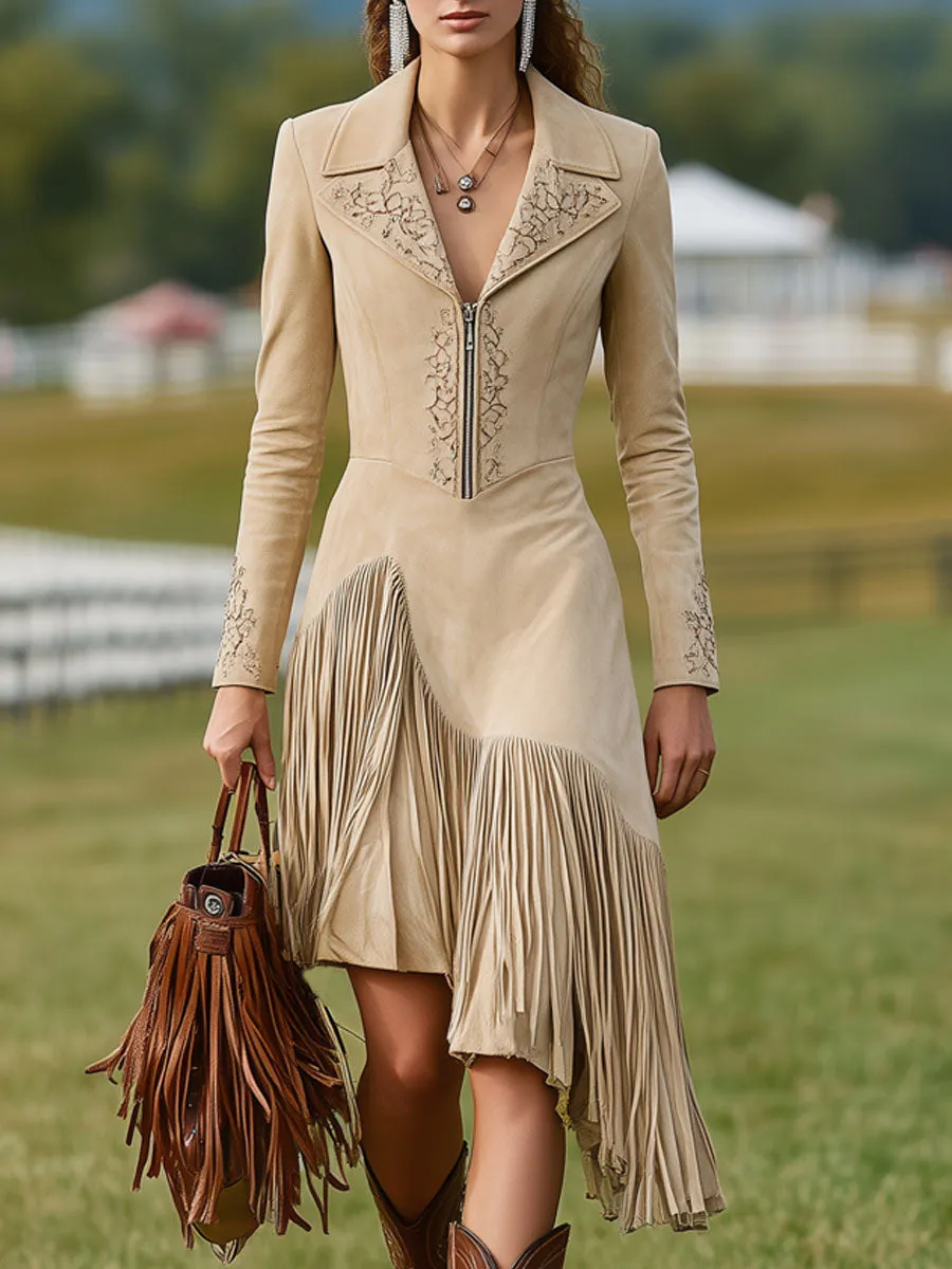Western Retro Beige Faux Suede Embroidered Tassel Midi Dress sold by Oyrosy