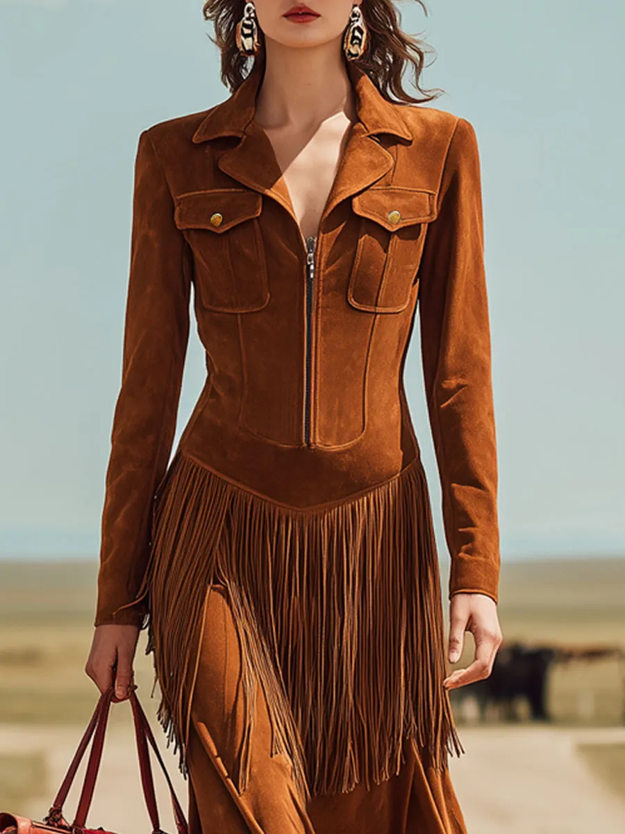 Western Retro Caramel-Colored Faux Suede Zipper Tassel Long-Sleeved Midi Dress sold by Oyrosy product image thumbnail 3