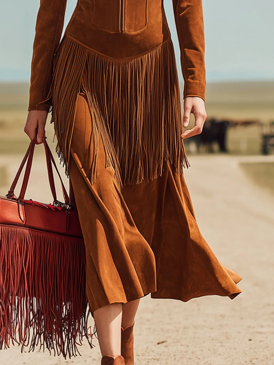 Western Retro Caramel-Colored Faux Suede Zipper Tassel Long-Sleeved Midi Dress sold by Oyrosy product image thumbnail 4