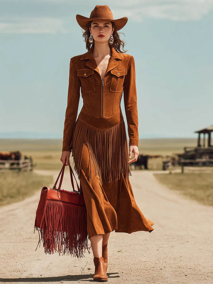 Western Retro Caramel-Colored Faux Suede Zipper Tassel Long-Sleeved Midi Dress sold by Oyrosy product image thumbnail 2