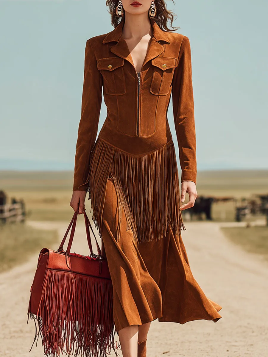 Western Retro Caramel-Colored Faux Suede Zipper Tassel Long-Sleeved Midi Dress sold by Oyrosy