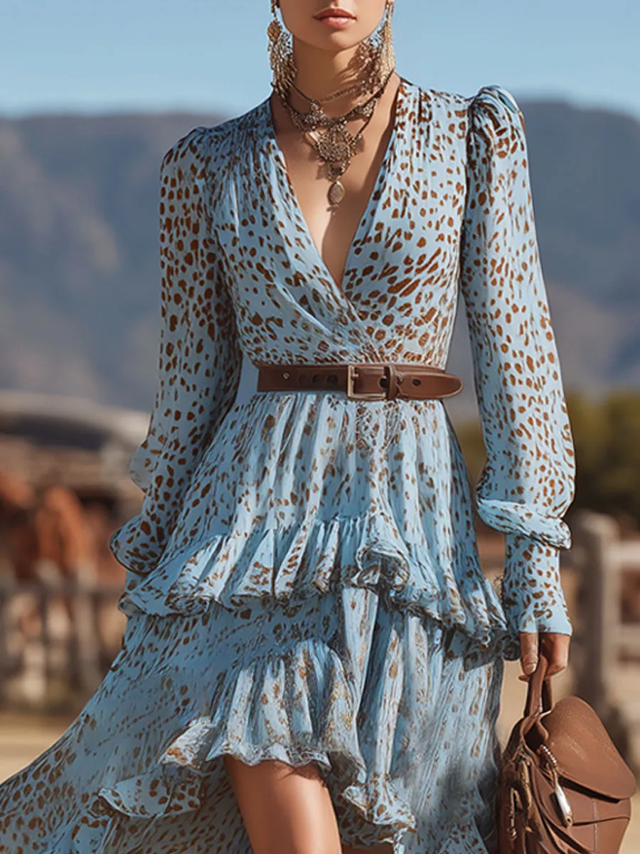 Western Retro Leopard Print Light Blue Chiffon Long-Sleeved Ruffle Maxi Dress sold by Oyrosy product image thumbnail 3