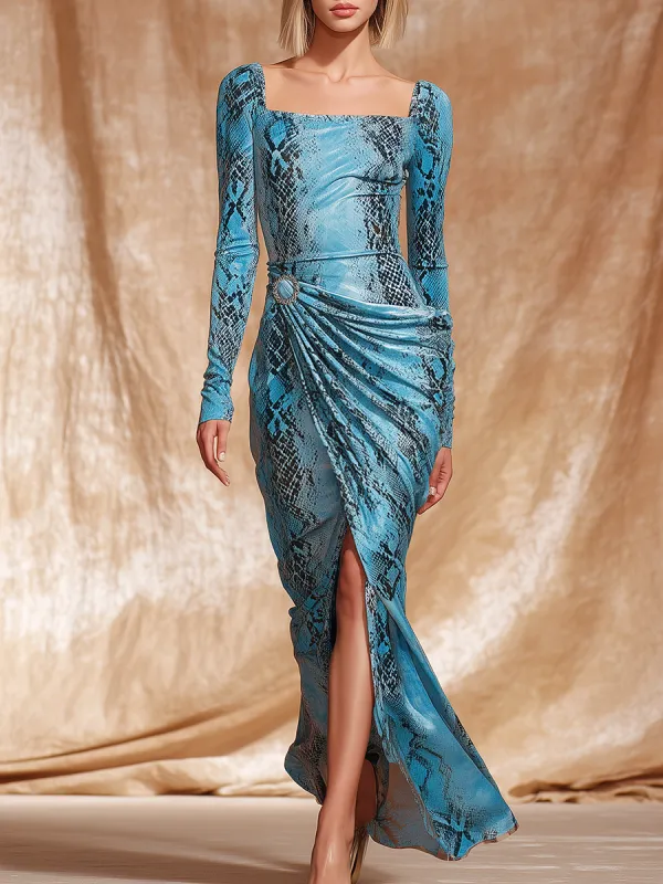 Retro Western Style Square Neck Snake Print Waist Pleated Blue Velvet Maxi Dress sold by Oyrosy