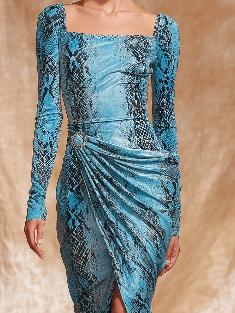 Retro Western Style Square Neck Snake Print Waist Pleated Blue Velvet Maxi Dress sold by Oyrosy product image thumbnail 3