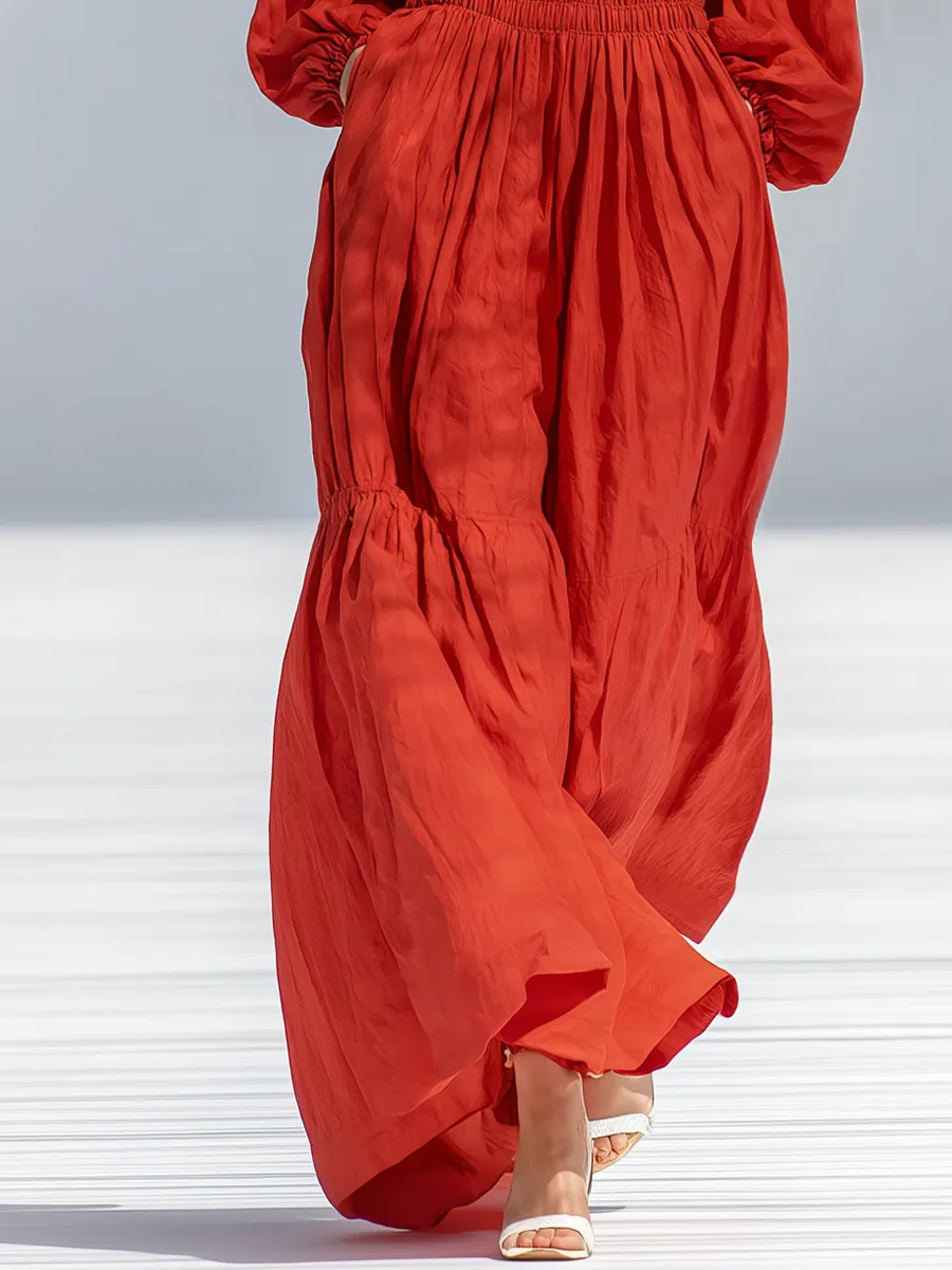 Loose-fitting Bohemian V-neck Elasticated Tulip-shaped Hem Red Cotton Linen Maxi Dress sold by Oyrosy product image thumbnail 4