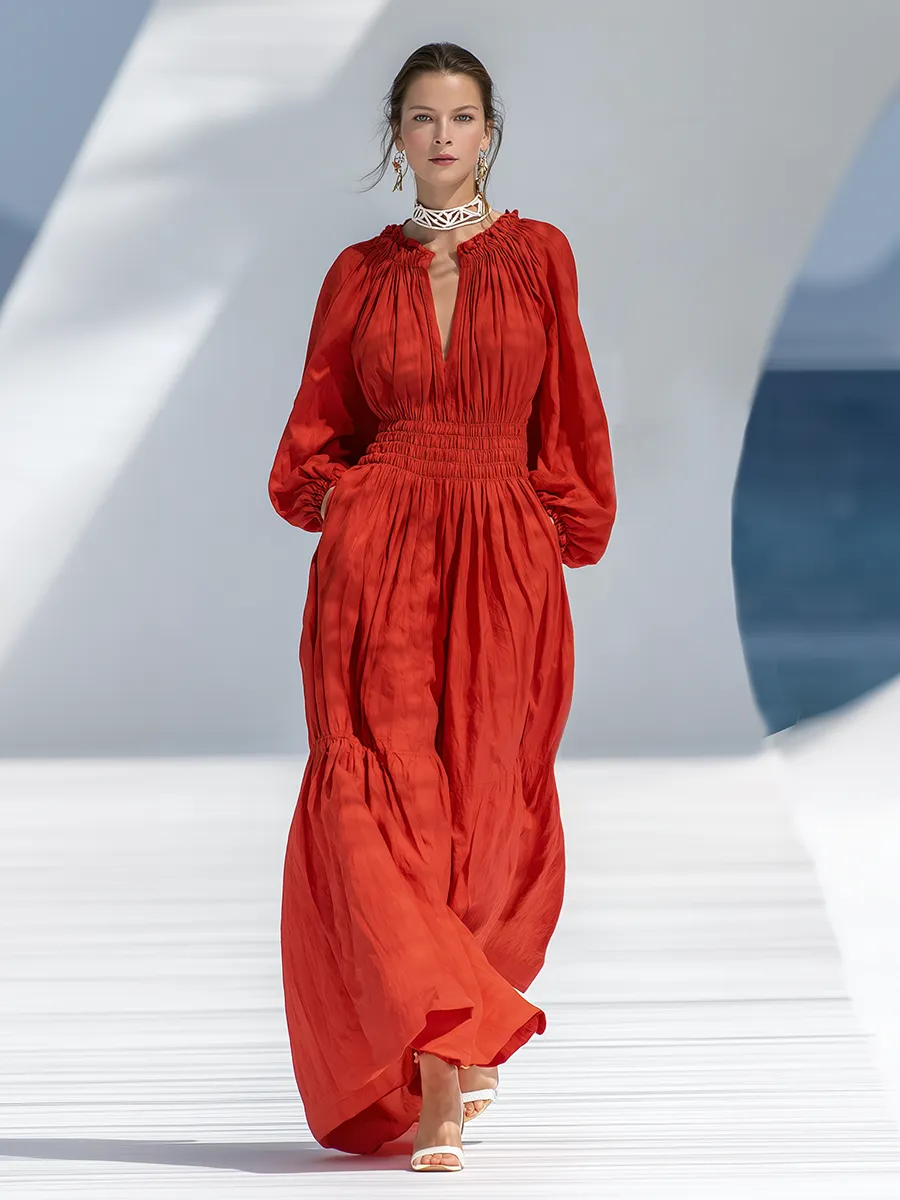 Loose-fitting Bohemian V-neck Elasticated Tulip-shaped Hem Red Cotton Linen Maxi Dress sold by Oyrosy product image thumbnail 2