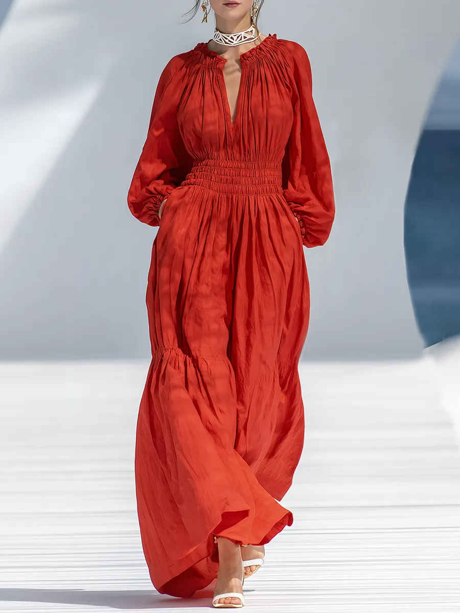 Loose-fitting Bohemian V-neck Elasticated Tulip-shaped Hem Red Cotton Linen Maxi Dress sold by Oyrosy