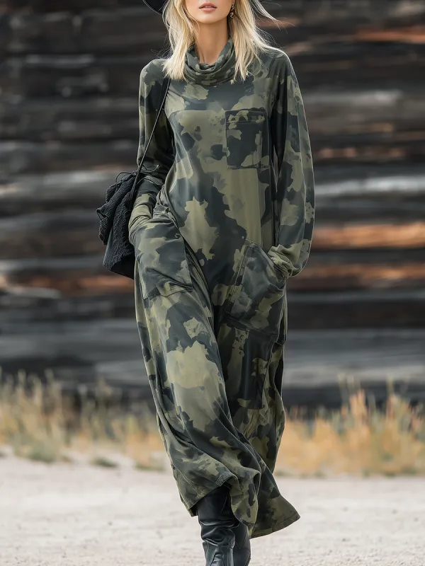 Casual Western Camouflage Print Layered Neckline Maxi Dress sold by Oyrosy