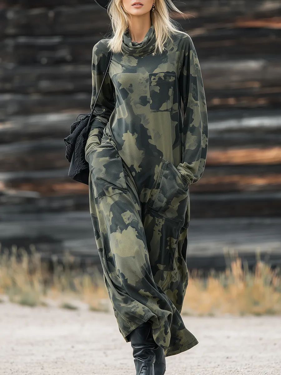 Casual Western Camouflage Print Layered Neckline Maxi Dress sold by Oyrosy