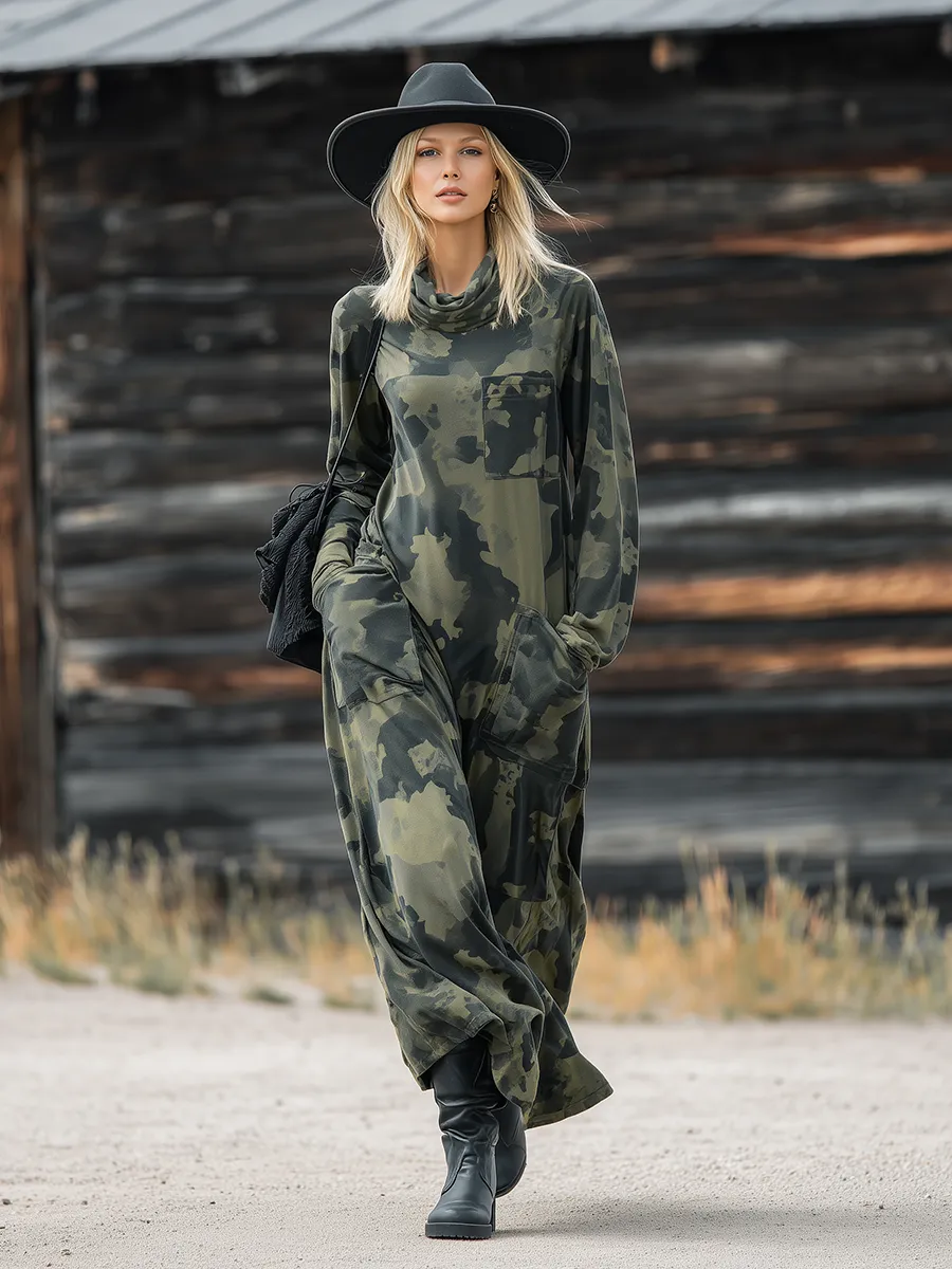 Casual Western Camouflage Print Layered Neckline Maxi Dress sold by Oyrosy product image thumbnail 2