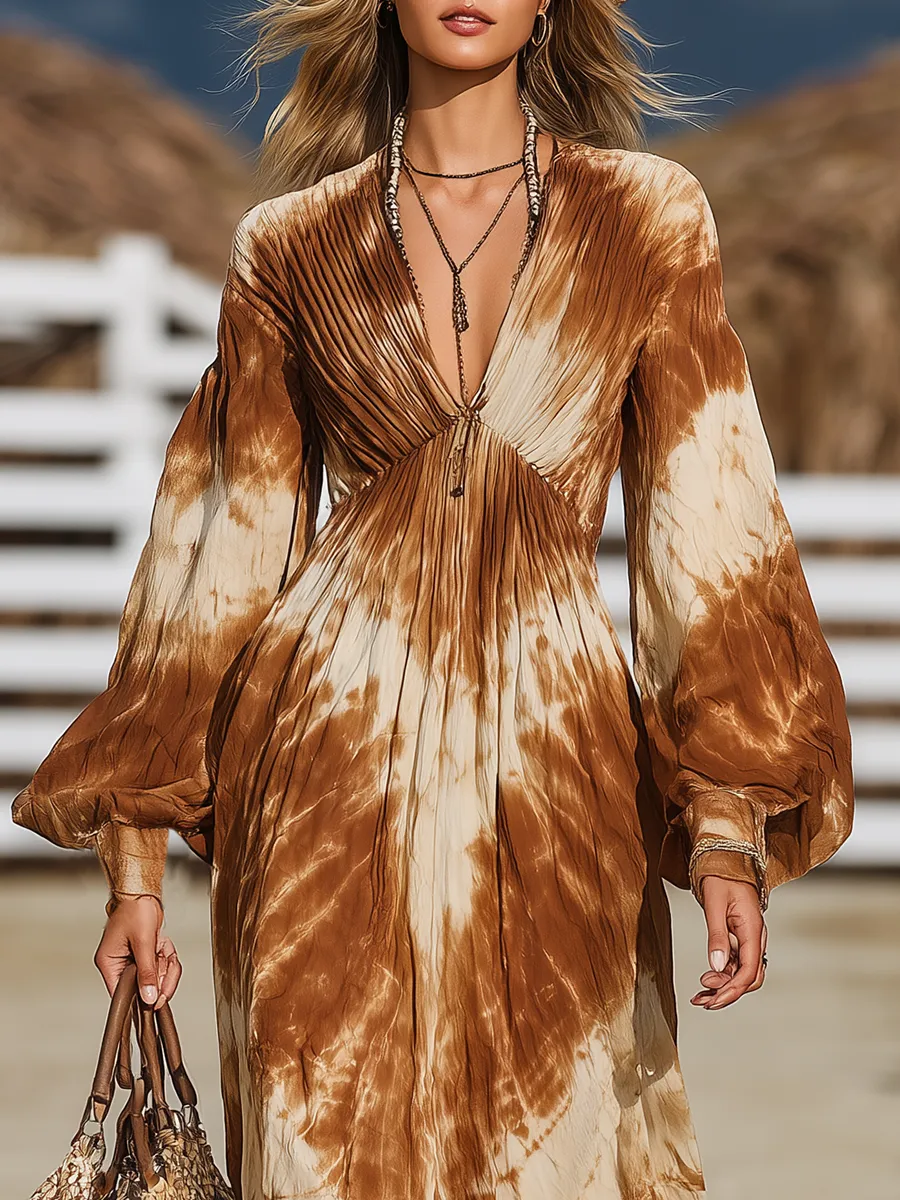 Retro Bohemian Tie-Dye Print V-Neck Elastic Gathered Maxi Dress sold by Oyrosy product image thumbnail 3