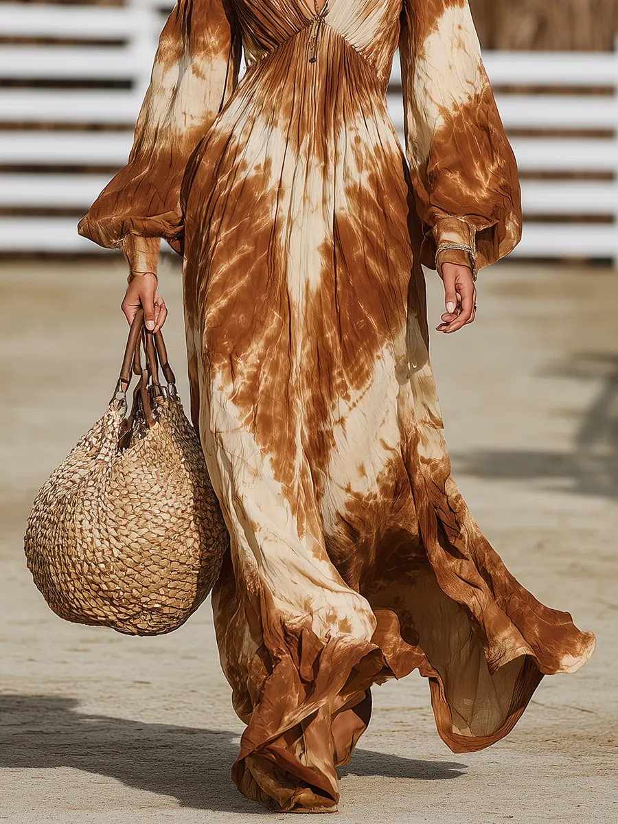 Retro Bohemian Tie-Dye Print V-Neck Elastic Gathered Maxi Dress sold by Oyrosy product image thumbnail 4