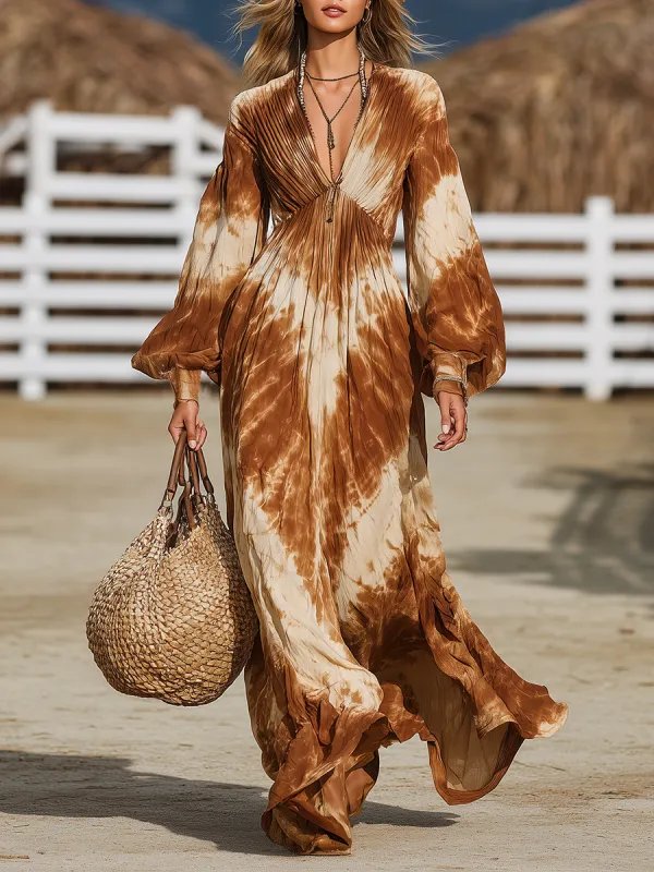 Retro Bohemian Tie-Dye Print V-Neck Elastic Gathered Maxi Dress sold by Oyrosy