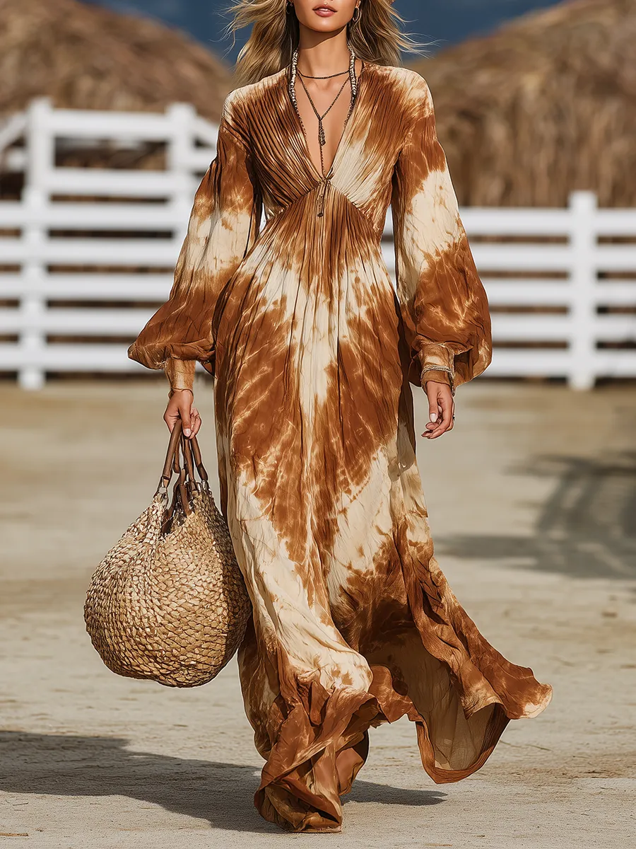 Retro Bohemian Tie-Dye Print V-Neck Elastic Gathered Maxi Dress sold by Oyrosy