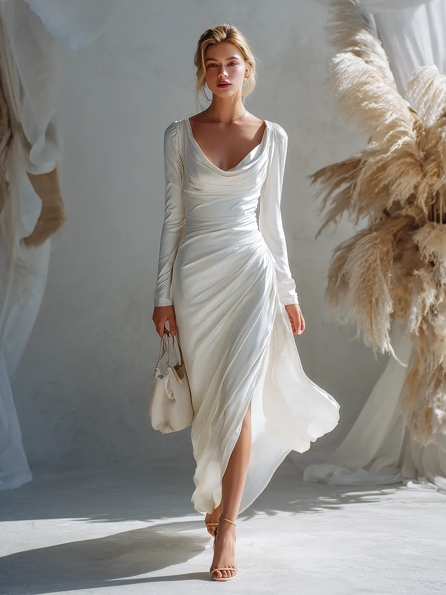 Romantic And Elegant Flowing Neckline White Matte Satin Maxi Dress sold by Oyrosy product image thumbnail 2