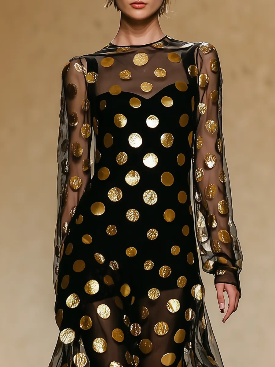 High-end Chic Gold Polka Dot Black Chiffon Maxi Dress sold by Oyrosy product image thumbnail 3
