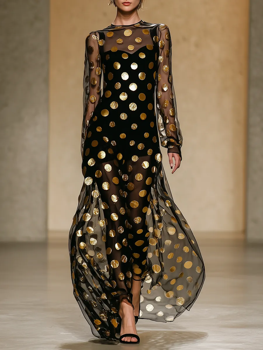 High-end Chic Gold Polka Dot Black Chiffon Maxi Dress sold by Oyrosy