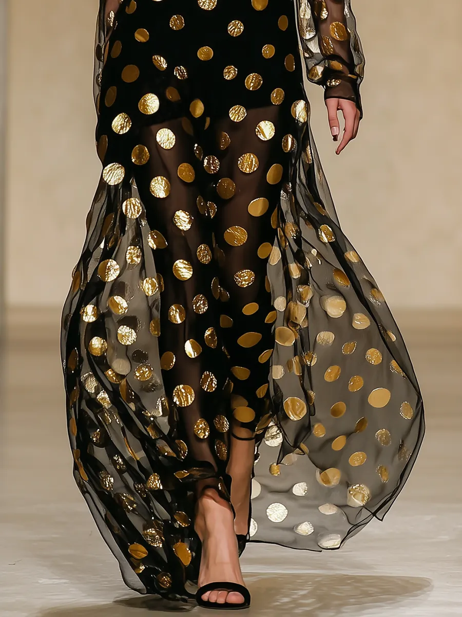 High-end Chic Gold Polka Dot Black Chiffon Maxi Dress sold by Oyrosy product image thumbnail 4