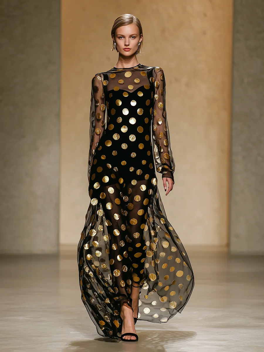 High-end Chic Gold Polka Dot Black Chiffon Maxi Dress sold by Oyrosy product image thumbnail 2