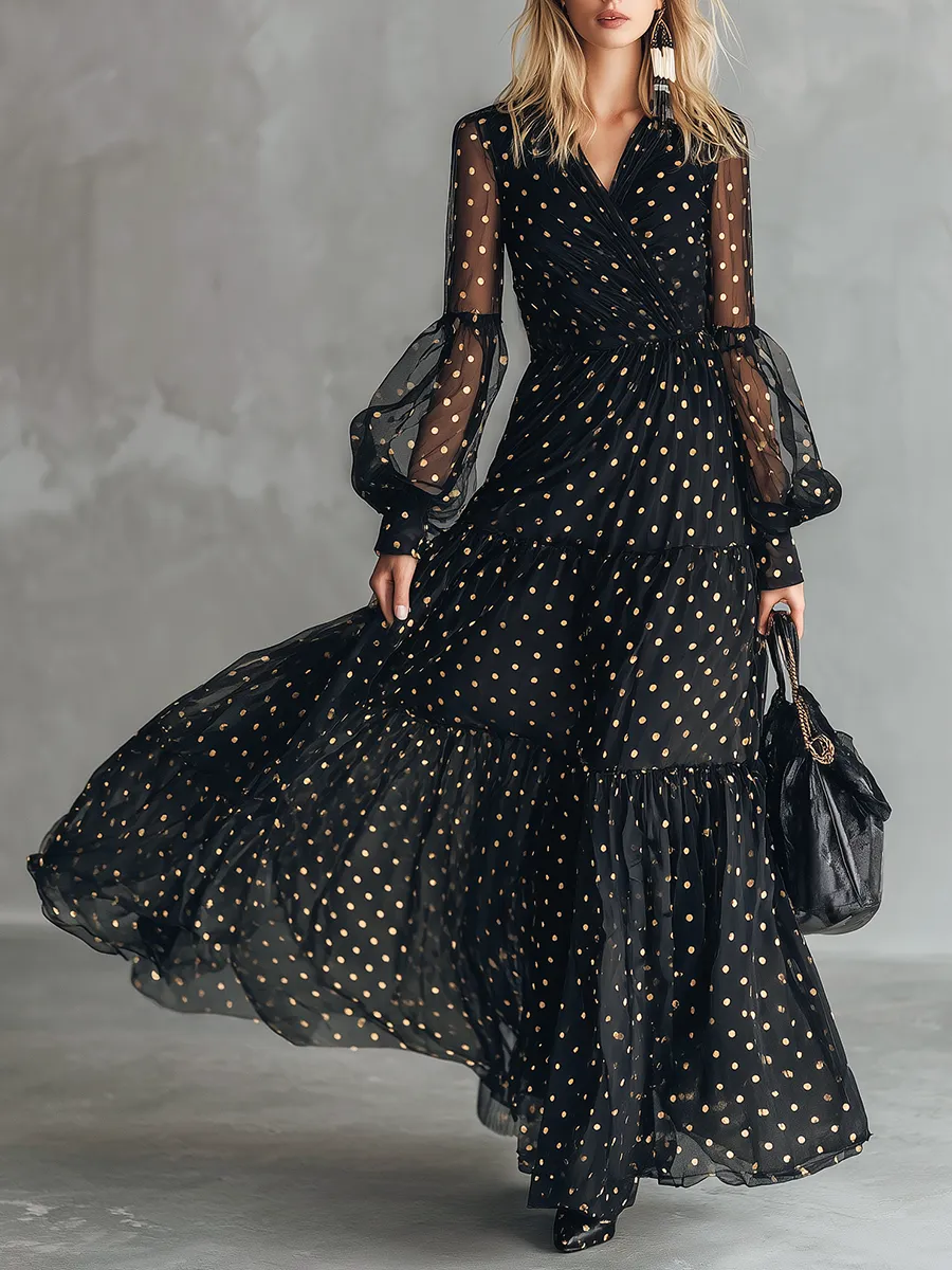High-end Chic Gold Polka Dot V-neck Ruffled Black Chiffon Maxi Dress sold by Oyrosy