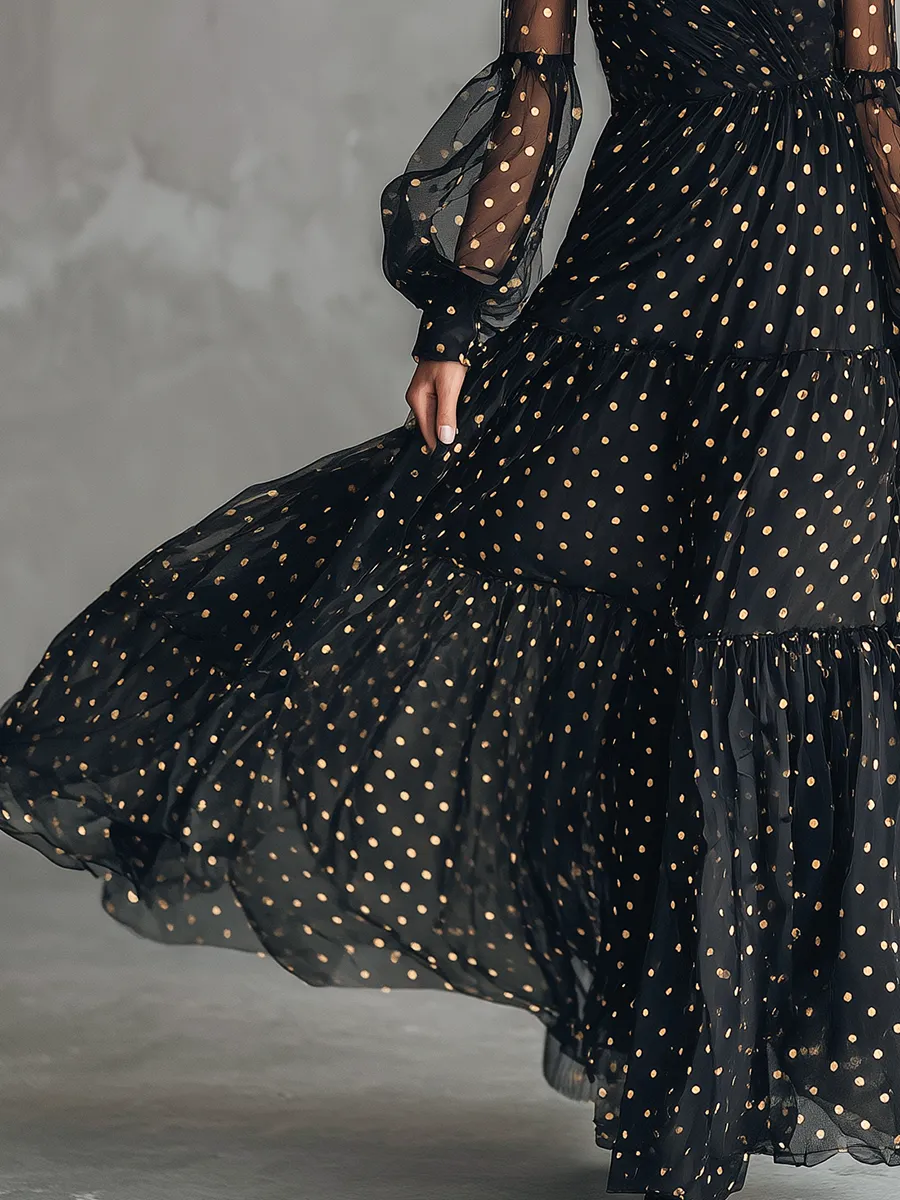 High-end Chic Gold Polka Dot V-neck Ruffled Black Chiffon Maxi Dress sold by Oyrosy product image thumbnail 4
