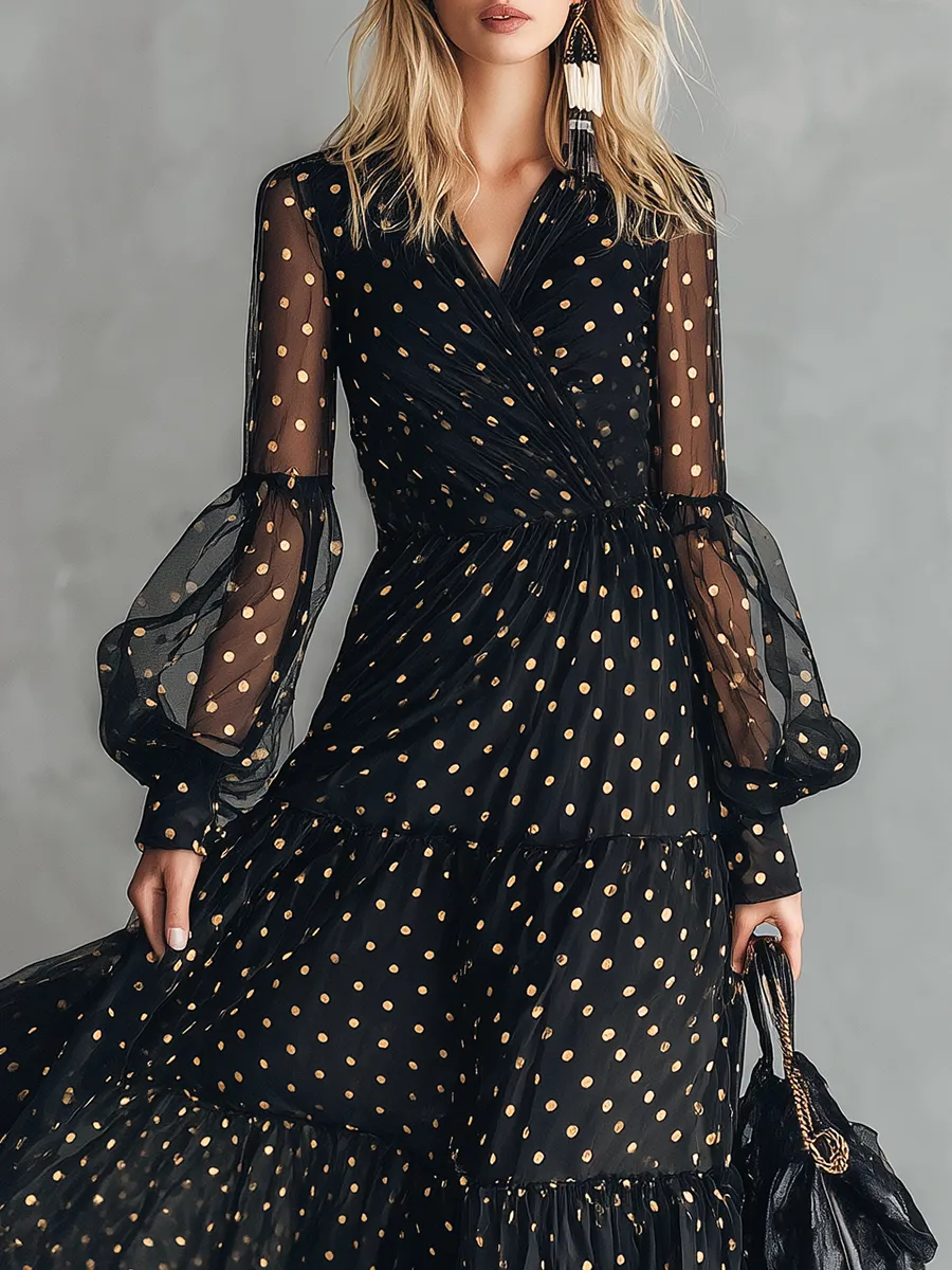 High-end Chic Gold Polka Dot V-neck Ruffled Black Chiffon Maxi Dress sold by Oyrosy product image thumbnail 3