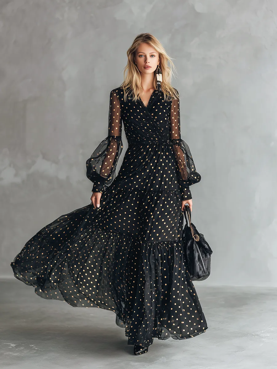 High-end Chic Gold Polka Dot V-neck Ruffled Black Chiffon Maxi Dress sold by Oyrosy product image thumbnail 2