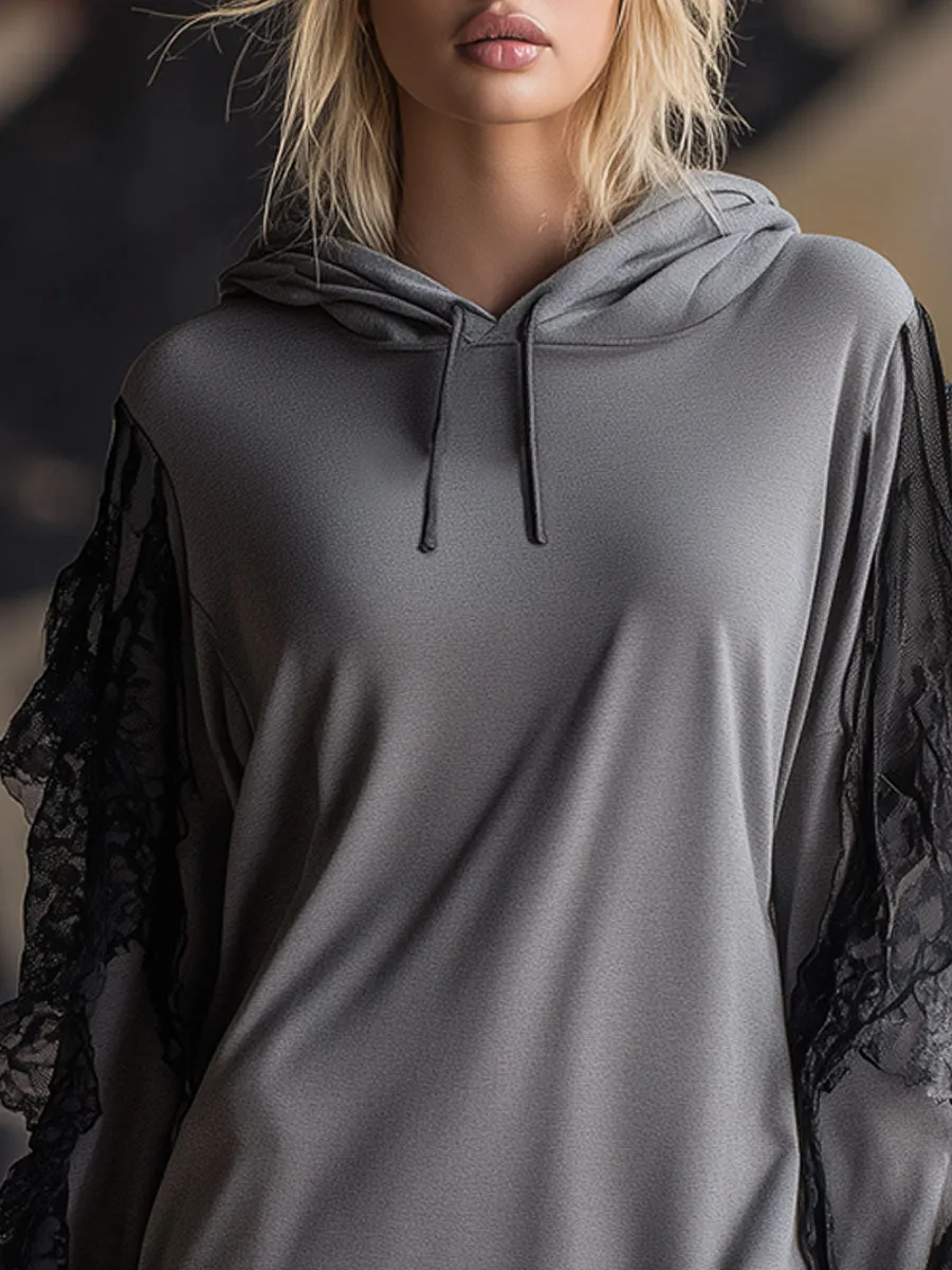 Loose-fitting Hooded Lace-trimmed Long-sleeved Sporty Mini Dress sold by Oyrosy product image thumbnail 2