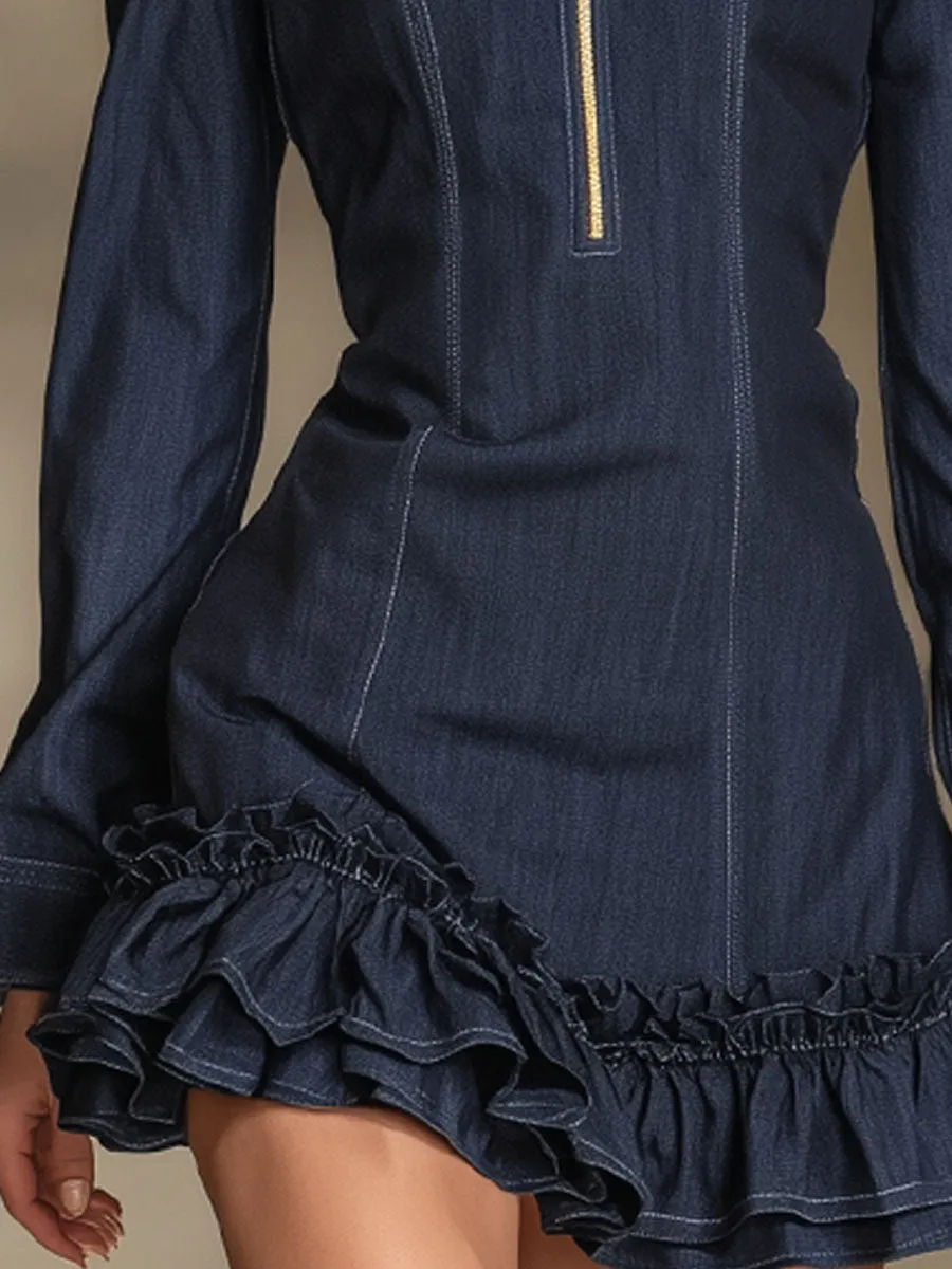 Stand-up Collar Half-zip Ruffled Denim Long-sleeved Mini Dress sold by Oyrosy product image thumbnail 3