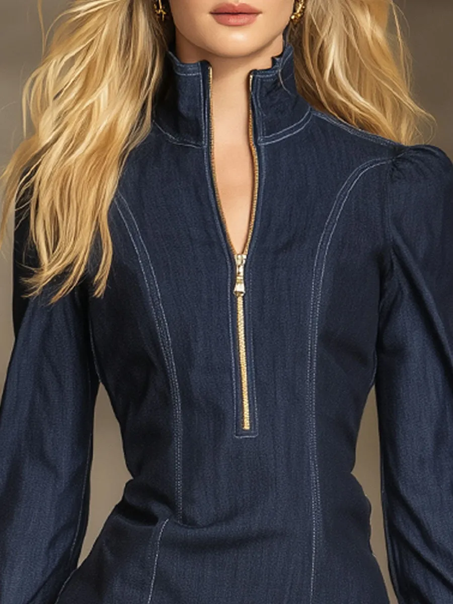 Stand-up Collar Half-zip Ruffled Denim Long-sleeved Mini Dress sold by Oyrosy product image thumbnail 2