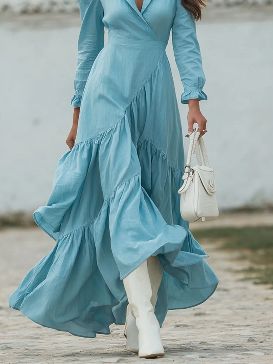 Loose-fitting Ruffled Cotton-linen Long-sleeved Maxi Dress sold by Oyrosy product image thumbnail 3