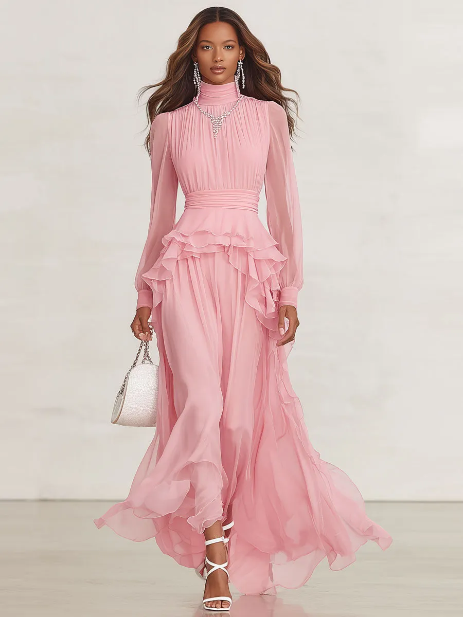 Pink High-neck Ruffled Chiffon Long-sleeved Maxi Dress sold by Oyrosy product image thumbnail 4