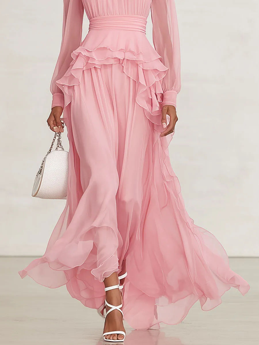 Pink High-neck Ruffled Chiffon Long-sleeved Maxi Dress sold by Oyrosy product image thumbnail 3