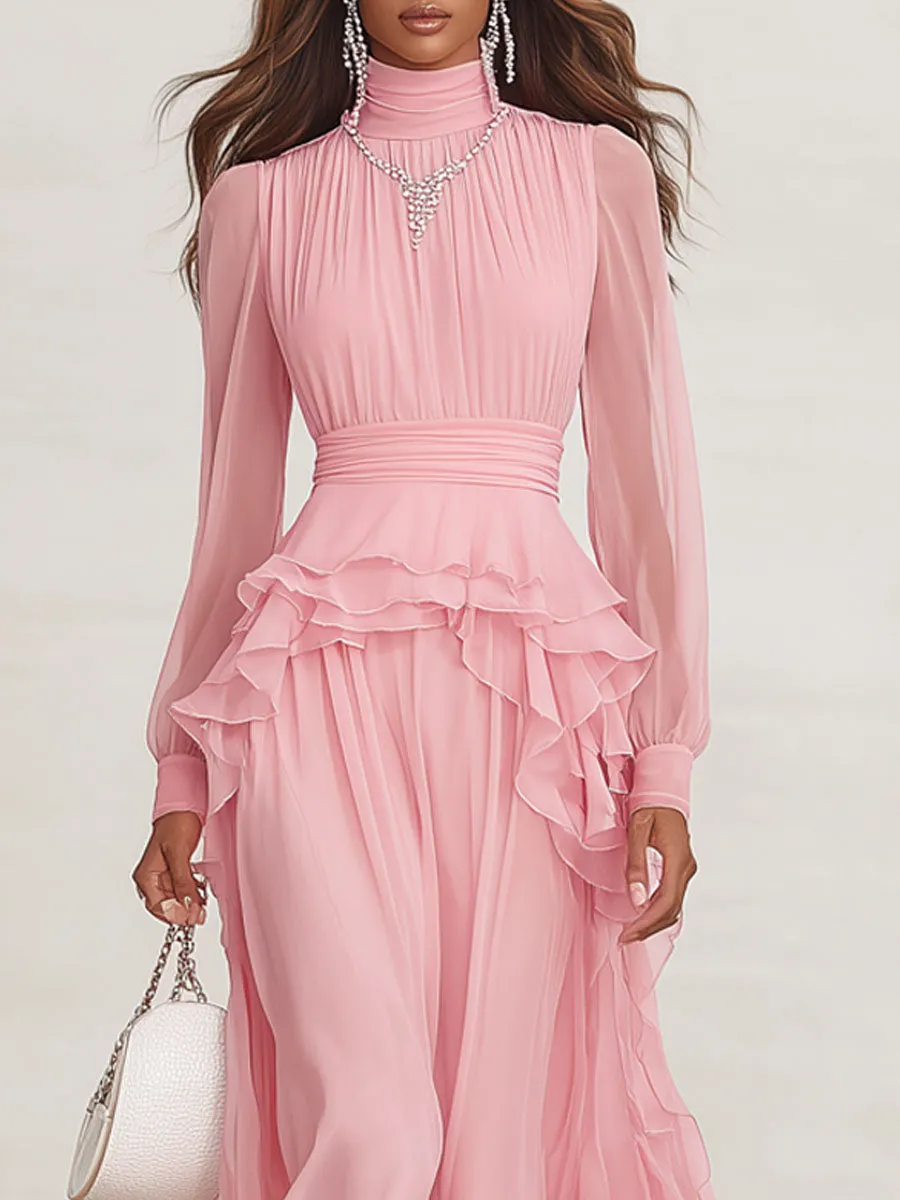 Pink High-neck Ruffled Chiffon Long-sleeved Maxi Dress sold by Oyrosy product image thumbnail 2