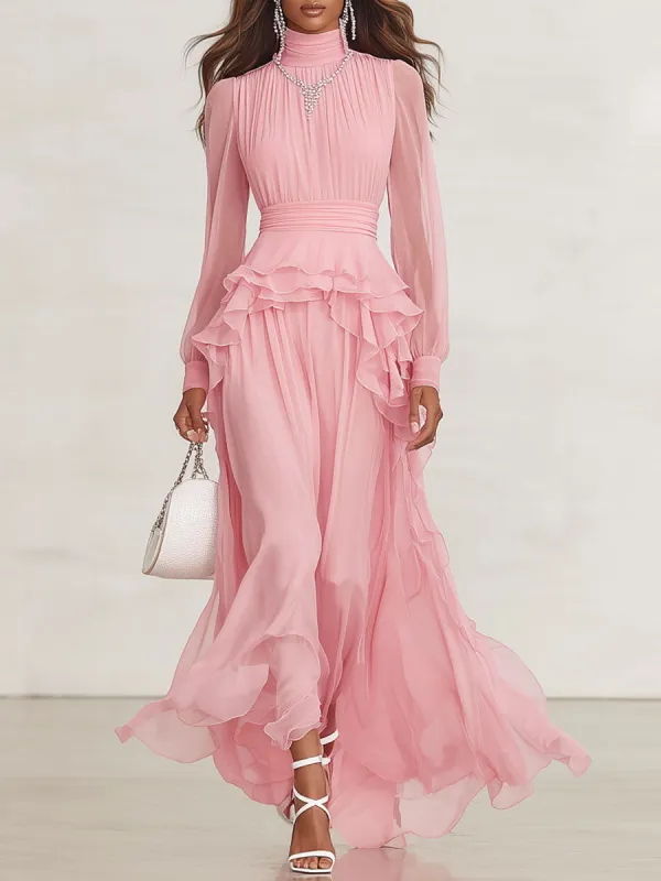 Pink High-neck Ruffled Chiffon Long-sleeved Maxi Dress sold by Oyrosy
