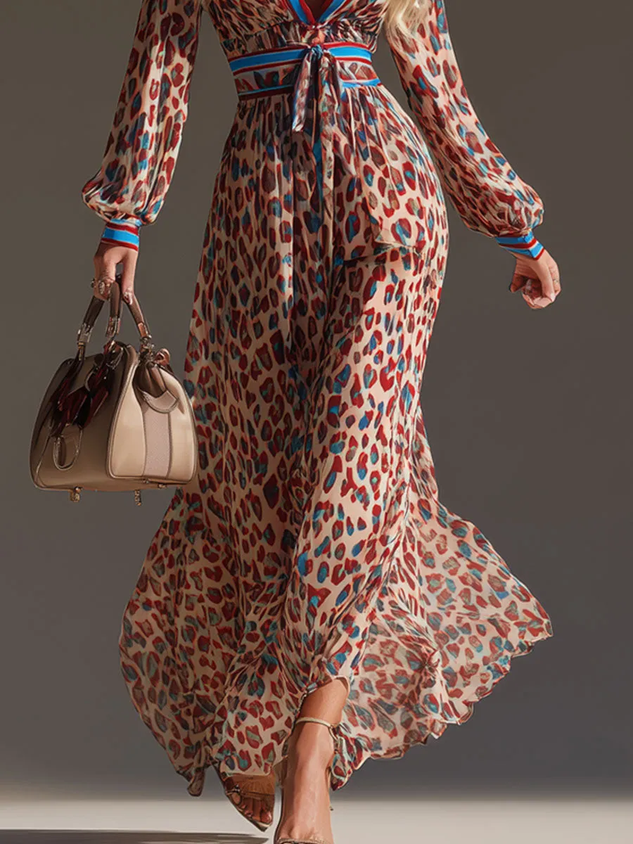V-neck Color-blocked Leopard Print Chiffon Long-sleeved Maxi Dress sold by Oyrosy product image thumbnail 3